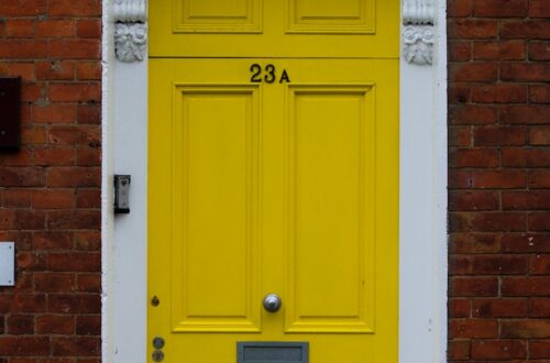 yellow wooden door is close