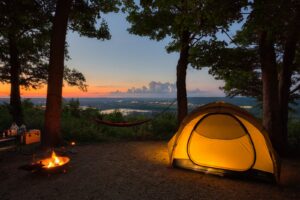 une tente installée dans les bois au coucher du soleil