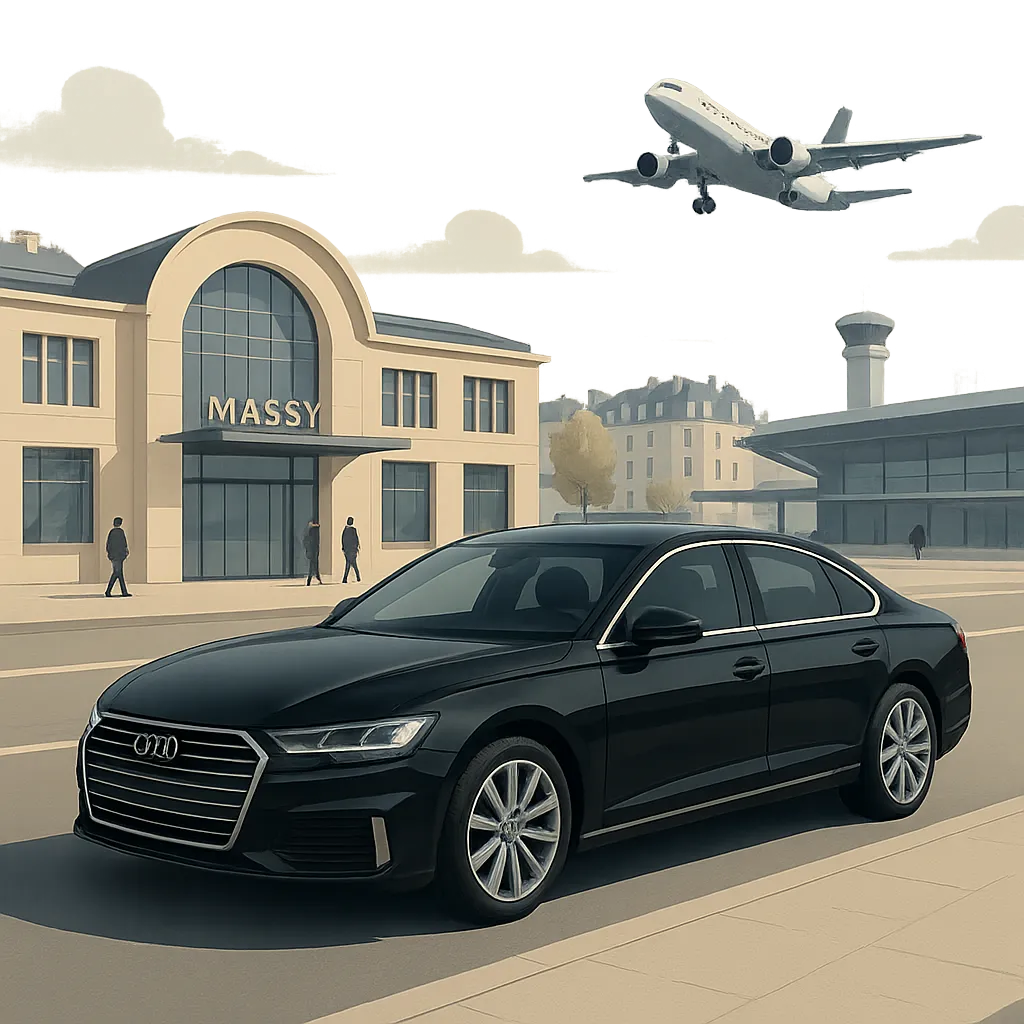 Illustration d’un taxi premium à Massy, pensé pour les transferts vers Orly, la gare TGV et Paris. L’image évoque la fiabilité, le confort et une prise en charge rapide 24h/24.